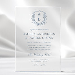 Invitaciones Acrílicas Crest Floral Monograma Azul Polvoriento Elegante B