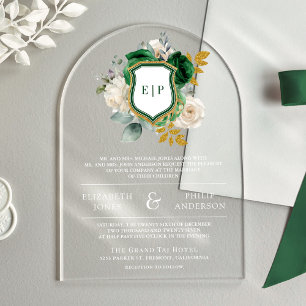 Invitaciones Acrílicas Crest Floral Monograma Verde Esmeralda Boda