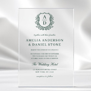 Invitaciones Acrílicas Crest Floral Monograma Verde Esmeralda para Boda