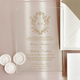 Invitaciones Acrílicas Crest Monograma Boda Chinoisería Dorada