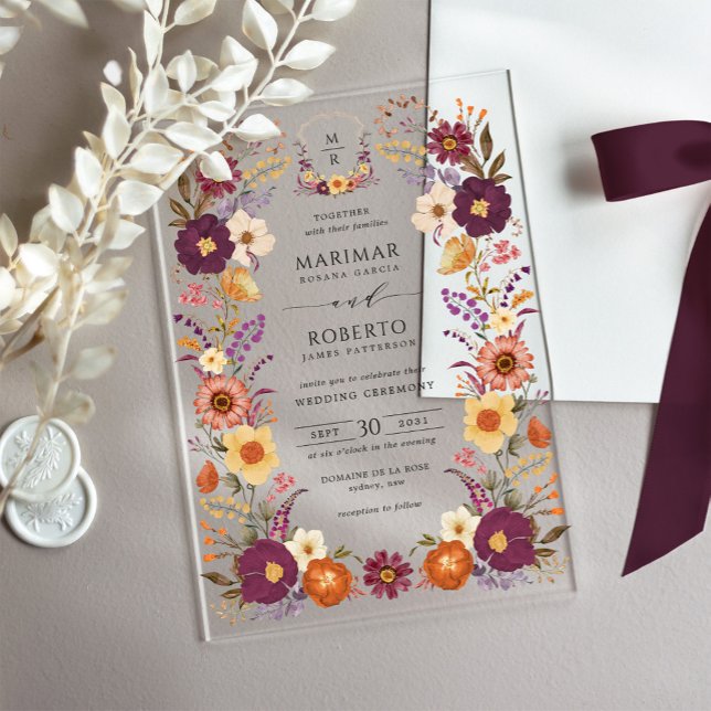 Invitaciones Acrílicas Crest Monograma de Boda con Florales Acuarela Malh (Subido por el creador)