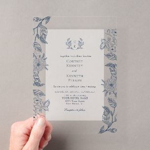 Invitaciones Acrílicas Crest Monograma Elegante Boda Azul Francés 