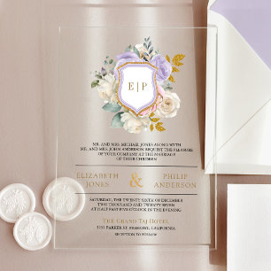 Invitaciones Acrílicas Cresta de Monograma Floral Rosa Pastel para Boda