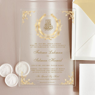 Invitaciones Acrílicas Cresta Dorada Antigua Boda Musulmana