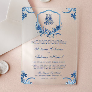 Invitaciones Acrílicas Cresta floral acuarela azul rústica boda musulmana