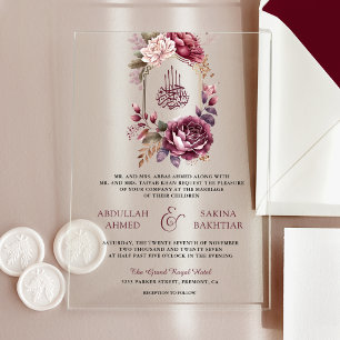 Invitaciones Acrílicas Cresta floral de Borgoña para boda musulmana