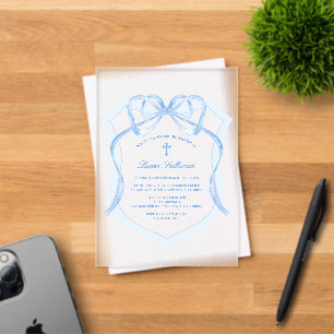 Invitaciones Acrílicas Crestón de lazo azul claro Bautizo