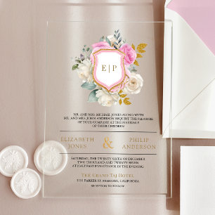 Invitaciones Acrílicas Crestón Floral Rosa Pastel Monograma Boda