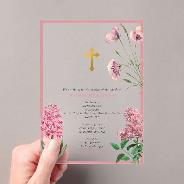 Invitaciones Acrílicas Cristianismo ortodoxo griego bautismo floral rosad (Insitu (portátil))