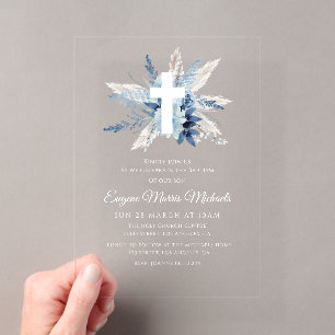 Invitaciones Acrílicas Cruz blanca moderna dedicación floral azul 