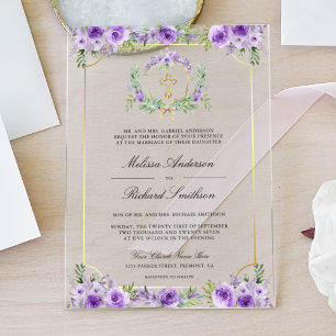 Invitaciones Acrílicas Cruz católica de boda dorada con flores púrpuras