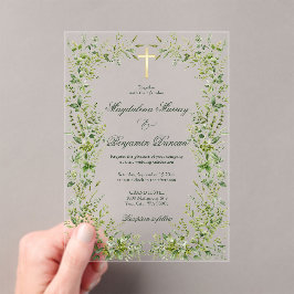 Invitaciones Acrílicas Cruz Cristiana De Bodas De Jardín Verde Delicado