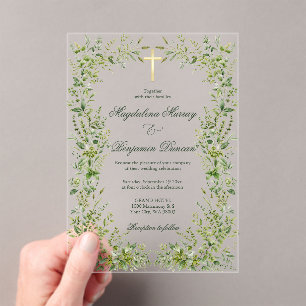 Invitaciones Acrílicas Cruz Cristiana De Bodas De Jardín Verde Delicado