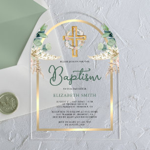 Invitaciones Acrílicas Cruz de madera Pampas Eucalipto Arco Dorado Bautiz