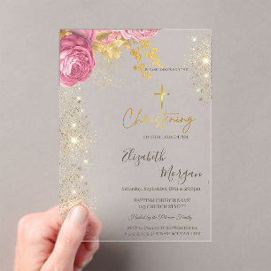 Invitaciones Acrílicas Cruz de oro chic bautizo rosas rosadas brillo de o