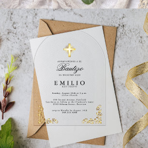 Invitaciones Acrílicas Cruz de Oro de Bautizo Español Neutro Blanco