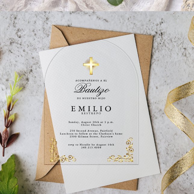 Invitaciones Acrílicas Cruz de Oro De Bautizo Género Español Blanco Neutr (Gold Cross De Bautizo Spanish Gender Neutral White Acrylic Invitations)
