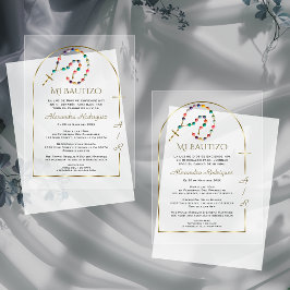 Invitaciones Acrílicas Cruz de Oro Español Arco Monograma Bautizo Niña