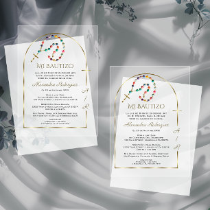 Invitaciones Acrílicas Cruz de Oro Español Arco Monograma Bautizo Niña