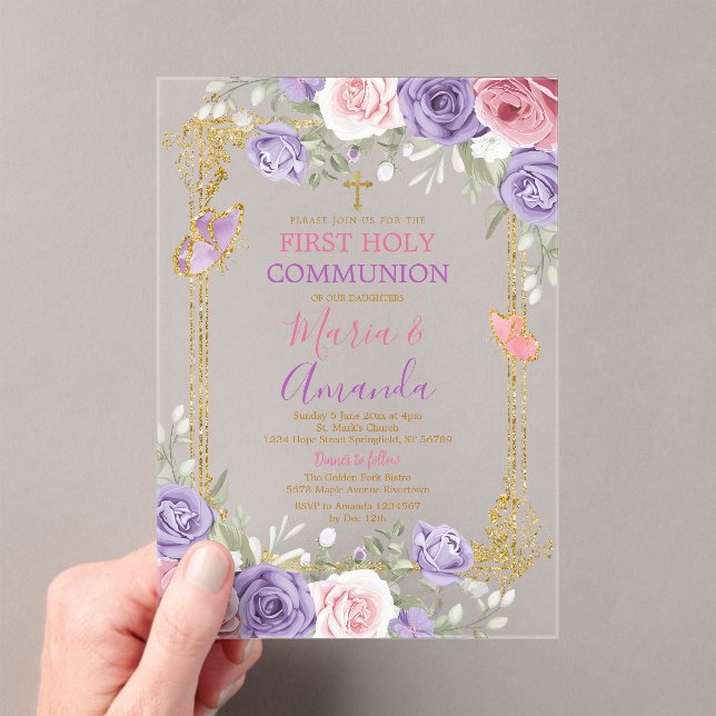Invitaciones Acrílicas Cruz de Oro Floral Púrpura Rosa Primero Santa Comu (Insitu (portátil))