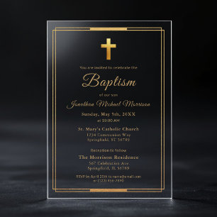 Invitaciones Acrílicas Cruz de oro tipografía script chic elegante Bautis