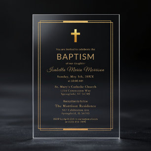 Invitaciones Acrílicas Cruz de oro tipografía script chic elegante Bautis