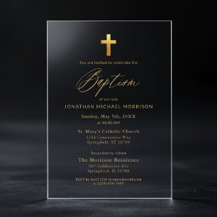 Invitaciones Acrílicas Cruz de oro tipografía script chic elegante Bautis