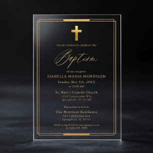 Invitaciones Acrílicas Cruz de oro tipografía script Chic Elegante Bautiz