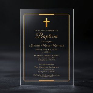 Invitaciones Acrílicas Cruz de oro tipografía script Chic Elegante Bautiz