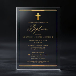Invitaciones Acrílicas Cruz de oro tipografía script Chic Elegante Bautiz