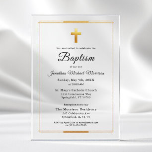 Invitaciones Acrílicas Cruz Dorada Bautizo Elegante Mínimo Script Moderno