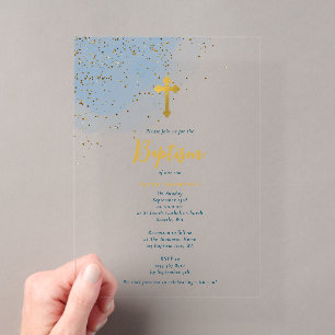 Invitaciones Acrílicas Cruz dorada con purpurina de acuarela azul para ba