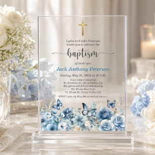 Invitaciones Acrílicas Cruz Dorada Elegante Bautismo Floral Azul