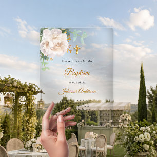 Invitaciones Acrílicas Cruz dorada floral blanca bautizo lujo claro