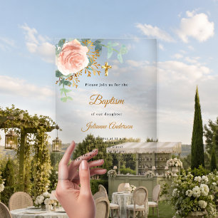 Invitaciones Acrílicas Cruz dorada floral rosa bautizo claro lujo