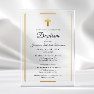 Invitaciones Acrílicas Cruz Dorada Modern Script Azul Marino Bautizo Eleg
