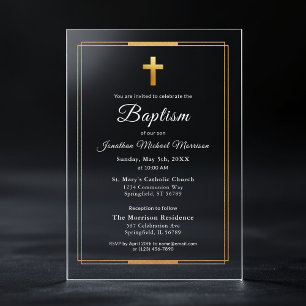 Invitaciones Acrílicas Cruz Dorada Moderna Escritura Elegante Bautizo