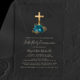 Invitaciones Acrílicas Cruz dorada Texto Turquesa Floral Primera Comunión