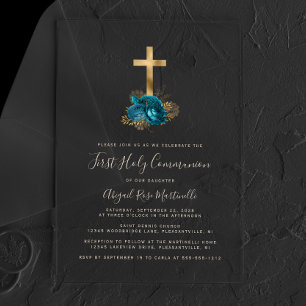 Invitaciones Acrílicas Cruz dorada Texto Turquesa Floral Primera Comunión