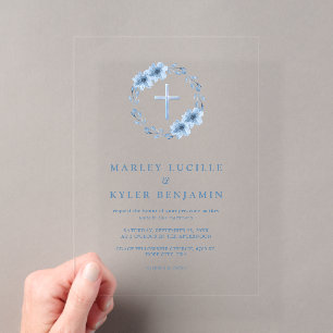 Invitaciones Acrílicas Cruz Floral Azul Polvoriento Católico Boda Minimal