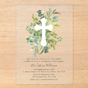 Invitaciones Acrílicas Cruz Floral Botánica Verde Bautizo