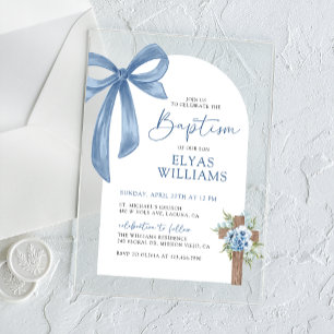 Invitaciones Acrílicas Cruz Floral con Lazo Azul Niño Bautizo y Confirmac