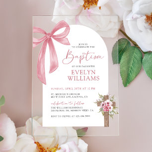 Invitaciones Acrílicas Cruz Floral con Lazo Rosa para Bautizo de Niña