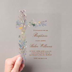 Invitaciones Acrílicas cruz floral de bautismo