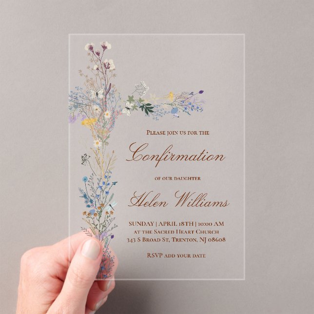 Invitaciones Acrílicas Cruz floral de confirmación (Insitu (portátil))