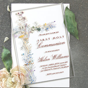 Invitaciones Acrílicas Cruz floral de Primera Comunión
