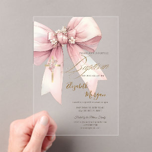 Invitaciones Acrílicas Cruz Floral Dorada Lazo Bautizo Rosa