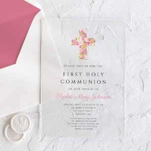 Invitaciones Acrílicas Cruz floral rosa Primera comunión religiosa