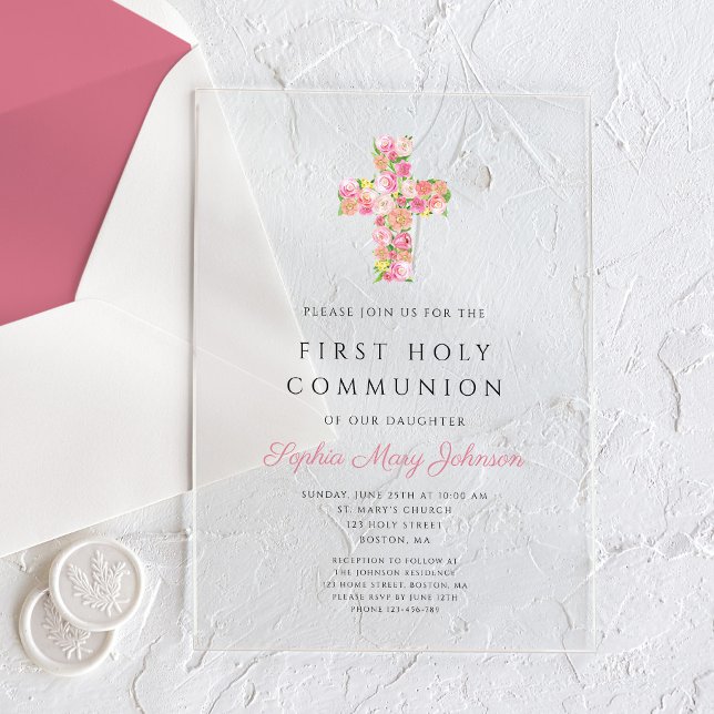 Invitaciones Acrílicas Cruz floral rosa Primera comunión religiosa (Pink Floral Cross Religious First Communion Acrylic Invitations)