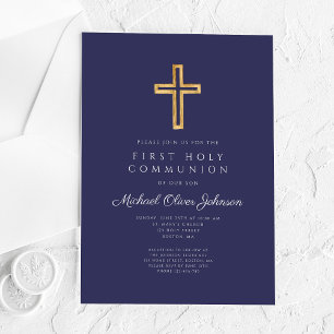 Invitaciones Acrílicas Cruz Religiosa Azul Marino Niño Primera Comunión